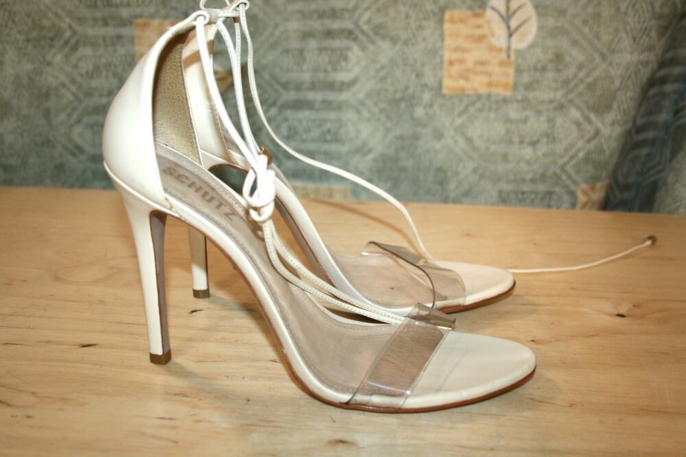 Schutz Nude Leather & Lucite Ankle Strap Heels 10 B